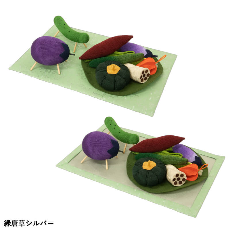 お盆用品 ちりめん真菰セット 野菜盛 蓮皿 牛馬 選べる3カラー 2・黒亀甲シルバー